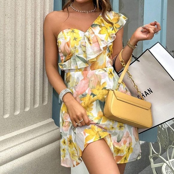 Yellow Boho Womens Floral Print One Shoulder Ruffle Trim Dress - Picture 5 of 5